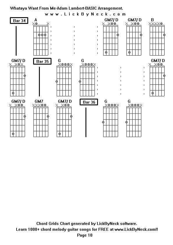 Chord Grids Chart of chord melody fingerstyle guitar song-Whataya Want From Me-Adam Lambert-BASIC Arrangement,generated by LickByNeck software.